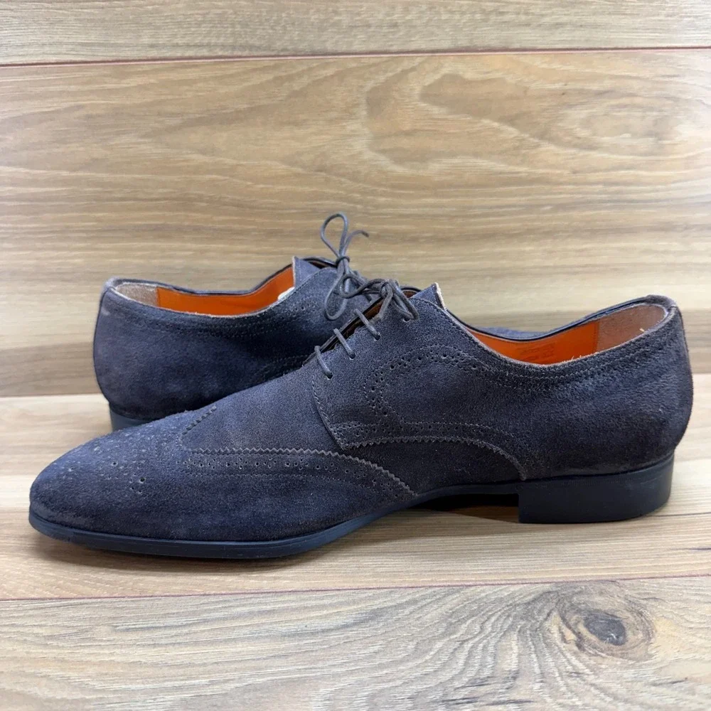SANTONI Easy‎ Brogue Oxford Mens 8 D Brown Suede Wingtip Dress Shoes